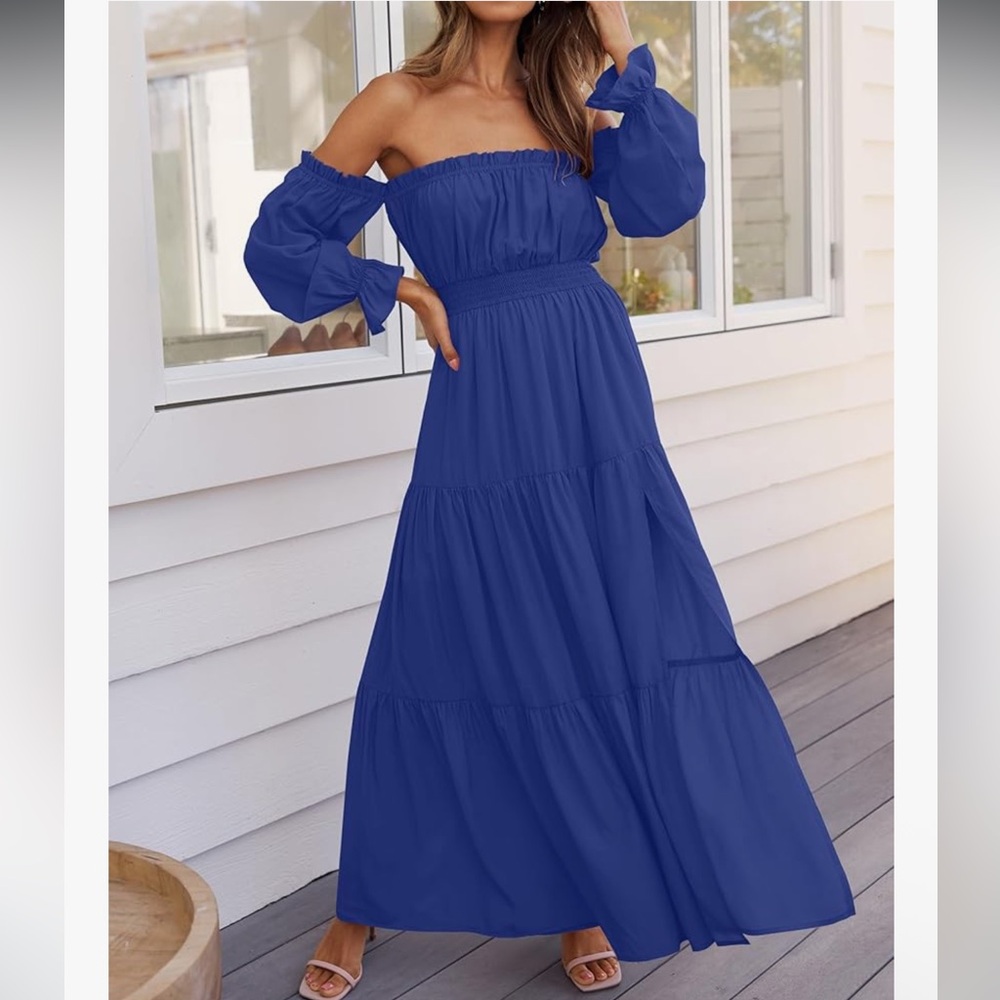 ZESICA Off Shoulder Smocked Flowy A Line Maxi Dress - Picture 4 of 8